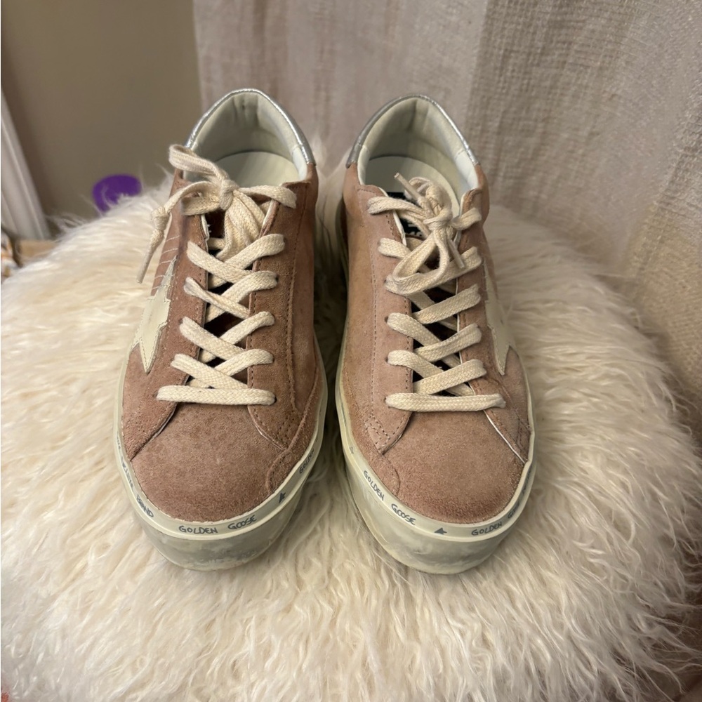 Golden Goose Pink Suede Sneakers with Cream Stars and Silver Heels